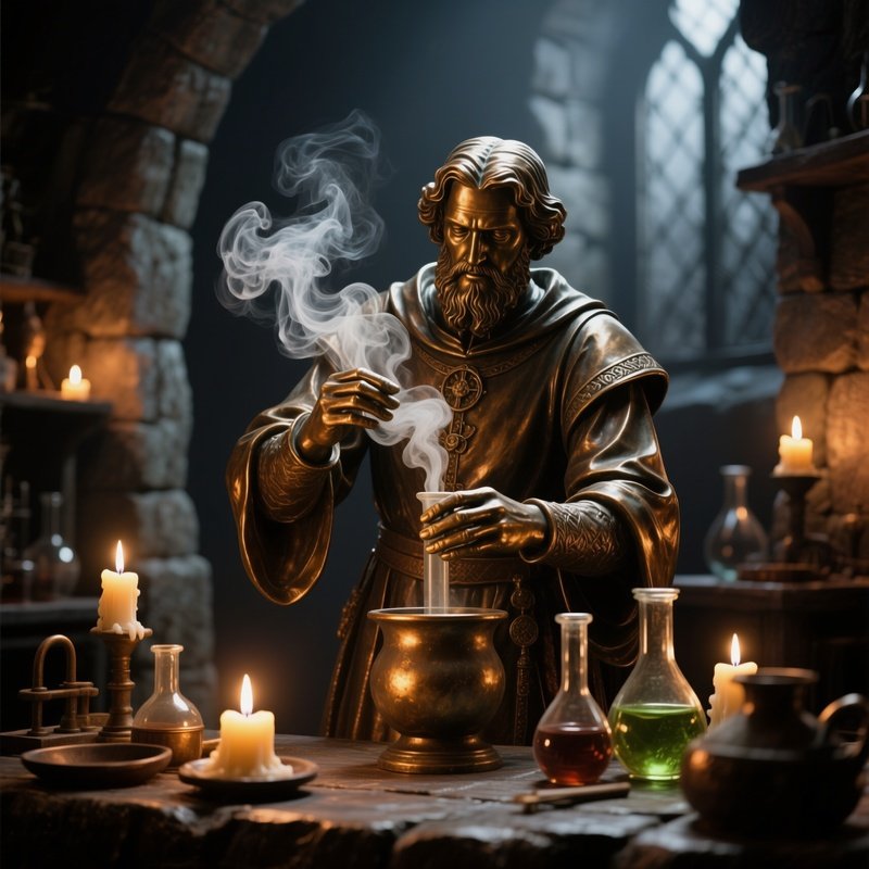 A Bronze Figure Of A Medieval Alchemist Mixing Potions In A Candlelit Stone Laboratory, Smoke