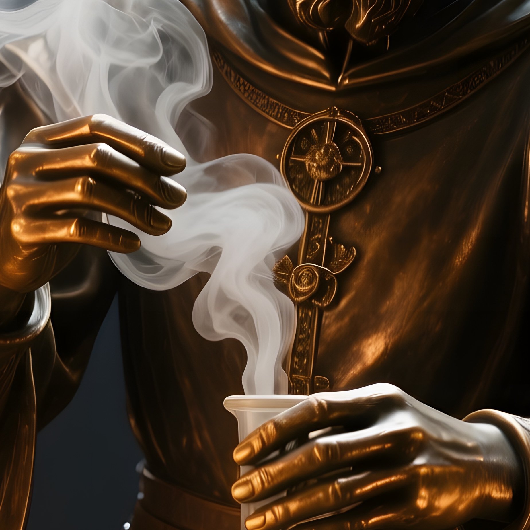 A Bronze Figure Of A Medieval Alchemist Mixing Potions In A Candlelit Stone Laboratory, Smoke - Full Resolution Quality Preview