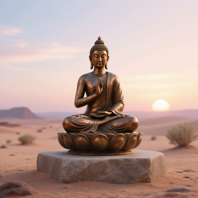 A Bronze Figure Of A Yogi In Lotus Pose Atop A Smooth Stone Altar In A Desert Oasis At Sunrise,
