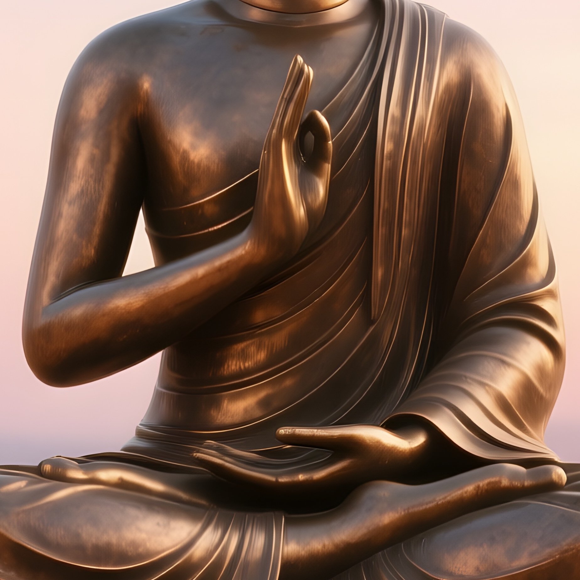 A Bronze Figure Of A Yogi In Lotus Pose Atop A Smooth Stone Altar In A Desert Oasis At Sunrise, - Full Resolution Quality Preview