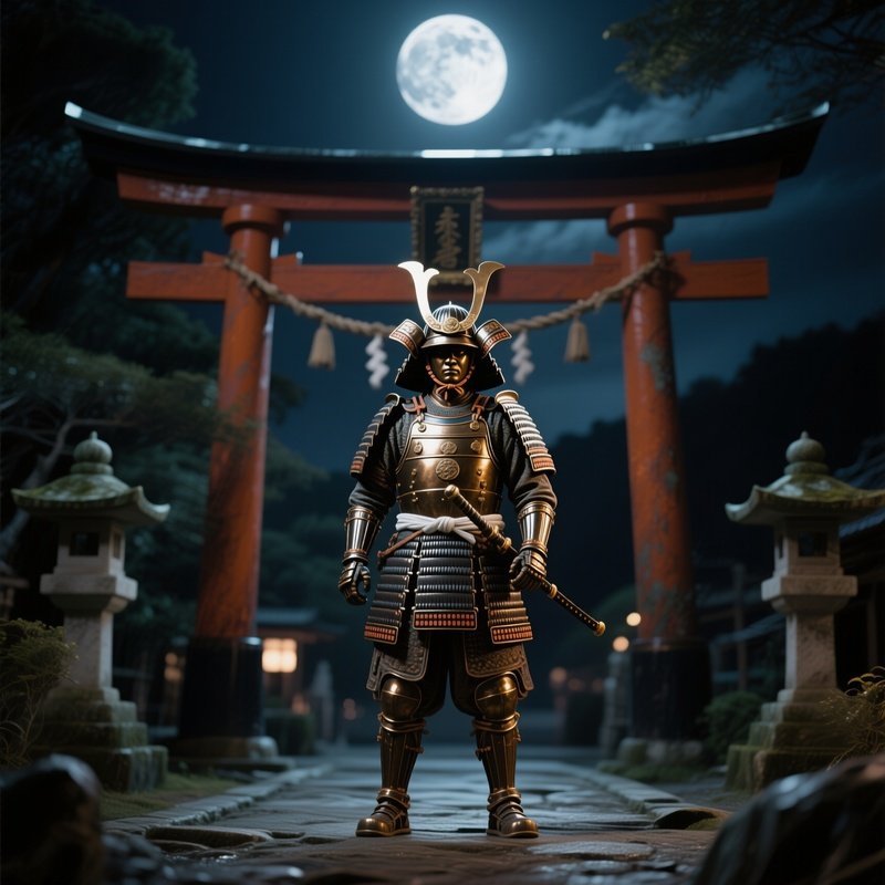 A Bronze Figure Of An Ancient Samurai Standing Guard Before A Torii Gate At Night, Moonlight
