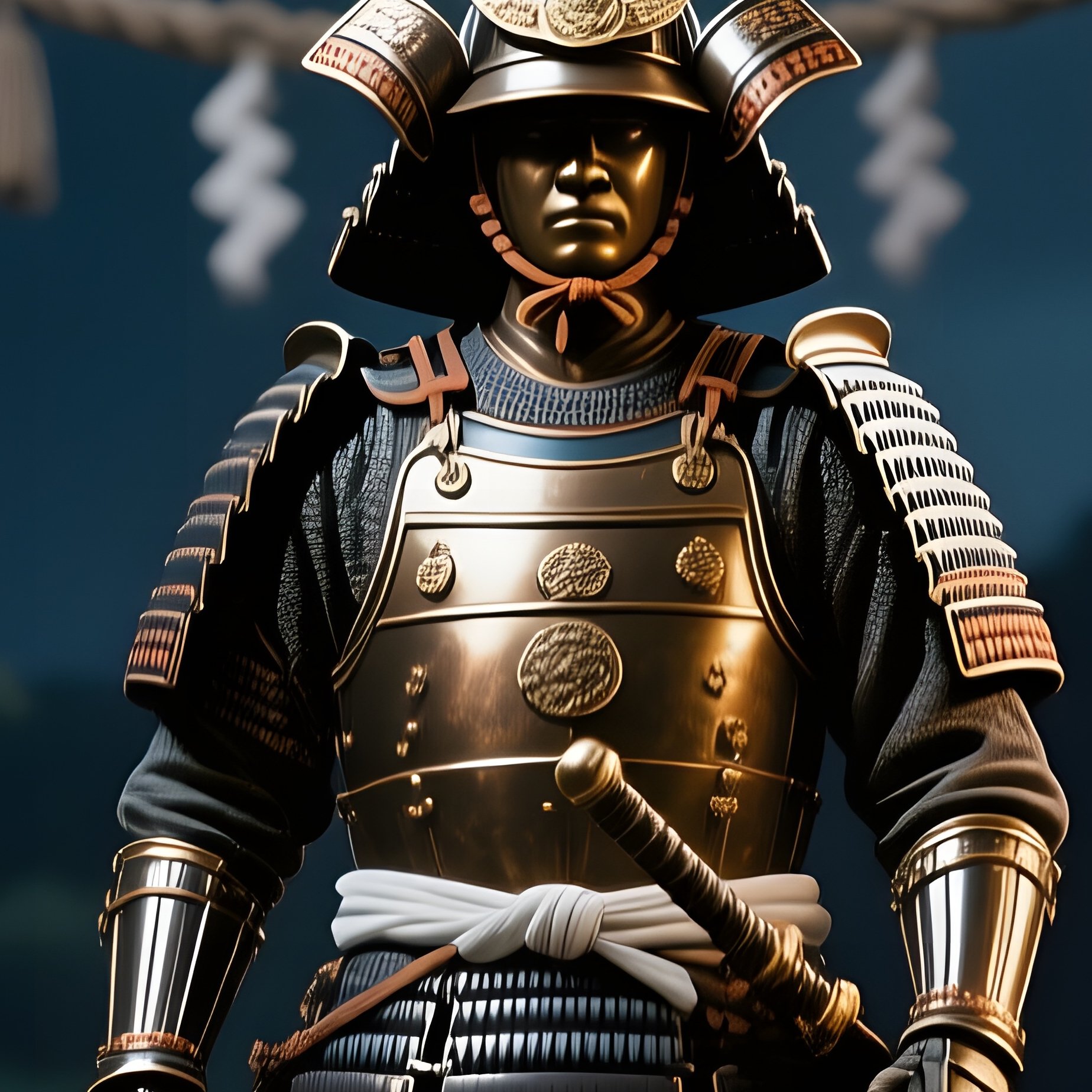 A Bronze Figure Of An Ancient Samurai Standing Guard Before A Torii Gate At Night, Moonlight - Full Resolution Quality Preview