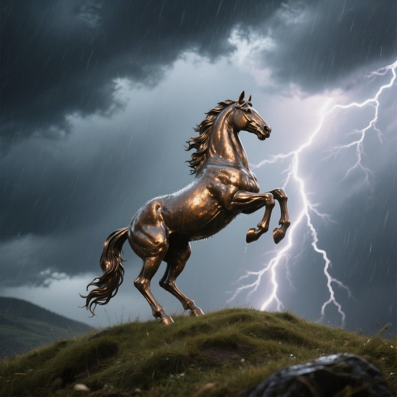 A Bronze Horse Rearing Atop A Grassy Hill Under A Dramatic Storm Sky, Lightning Flashing Behind It