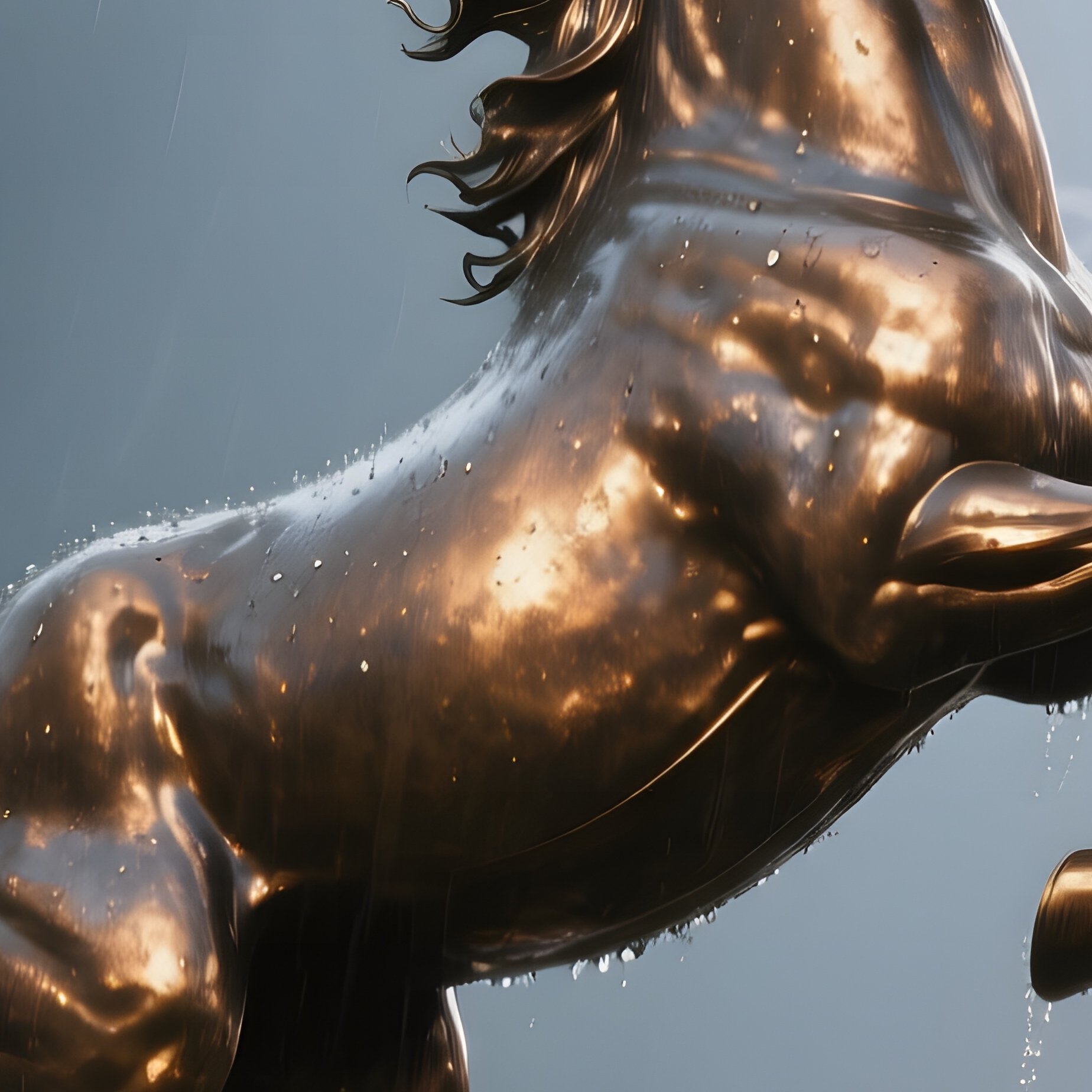 A Bronze Horse Rearing Atop A Grassy Hill Under A Dramatic Storm Sky, Lightning Flashing Behind It - Full Resolution Quality Preview