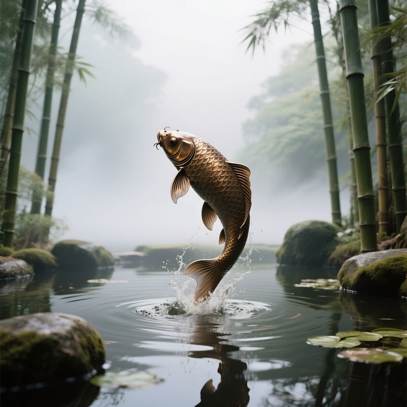 A Bronze Koi Fish Leaping Out Of A Zen Pond Surrounded By Bamboo, Early Morning Mist Hovering Above