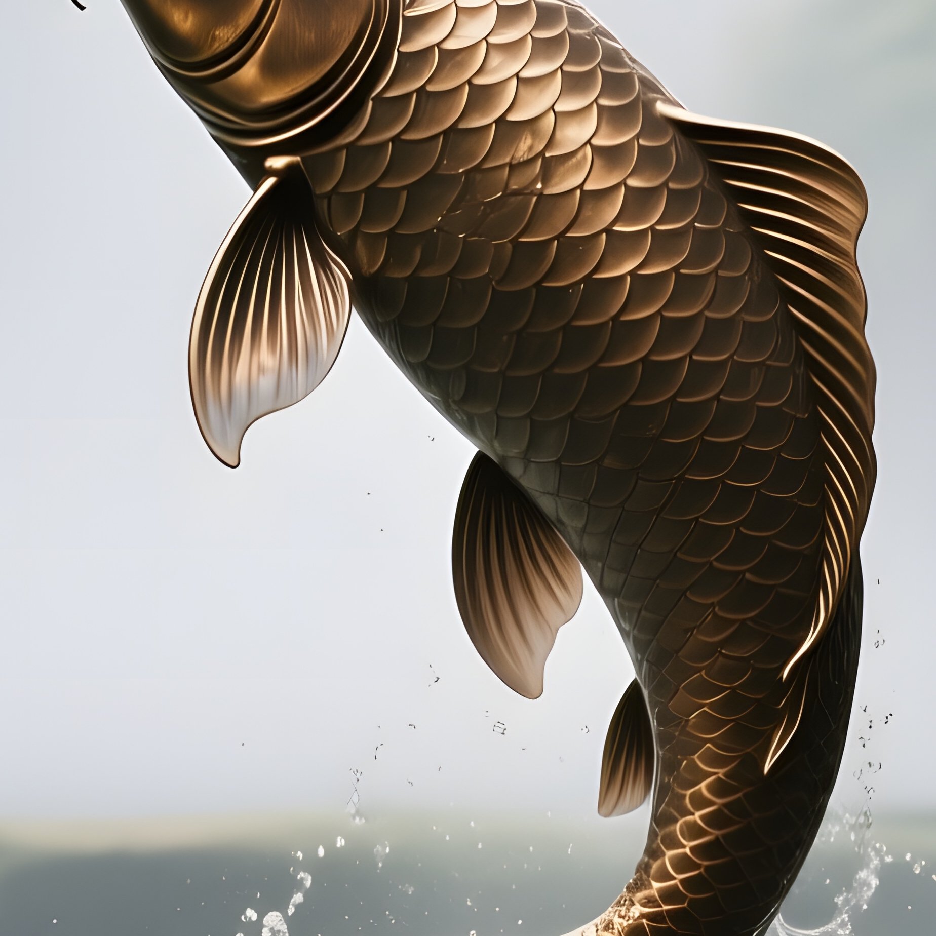 A Bronze Koi Fish Leaping Out Of A Zen Pond Surrounded By Bamboo, Early Morning Mist Hovering Above - Full Resolution Quality Preview