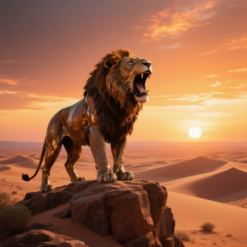 A Bronze Lion Roaring Atop A Sandstone Outcrop Under A Blazing Desert Sunset, Sand Dunes Stretching
