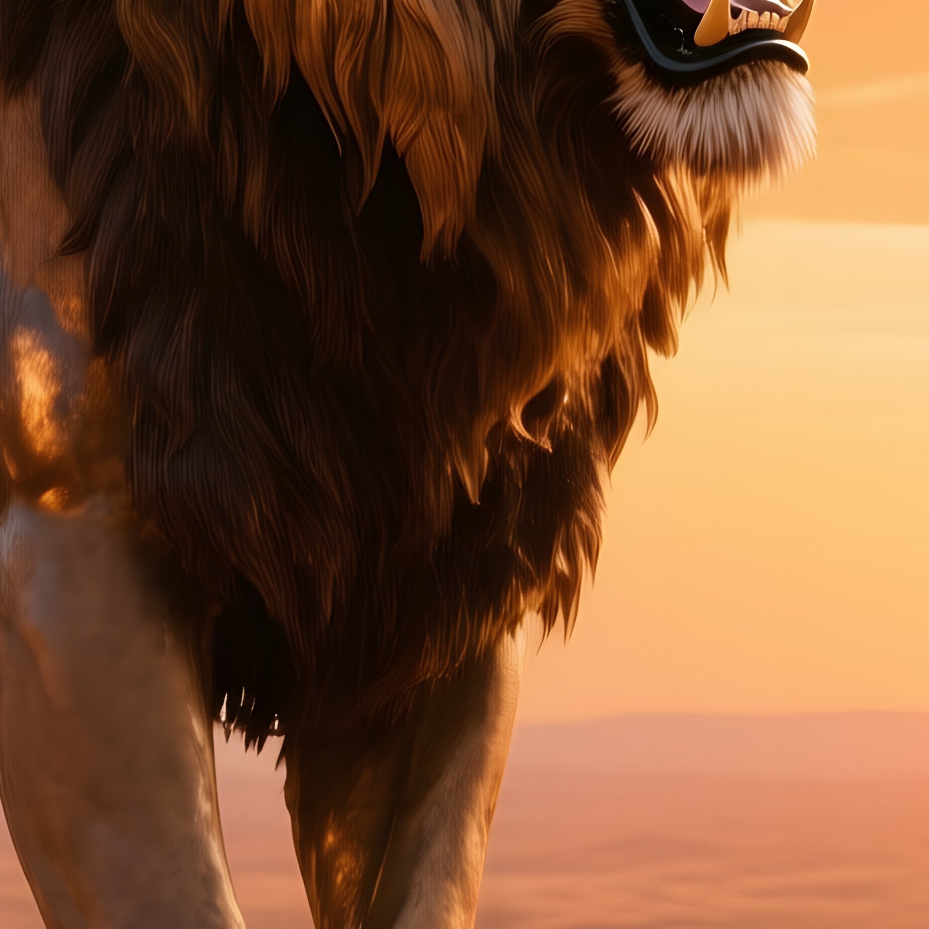 A Bronze Lion Roaring Atop A Sandstone Outcrop Under A Blazing Desert Sunset, Sand Dunes Stretching - Full Resolution Quality Preview