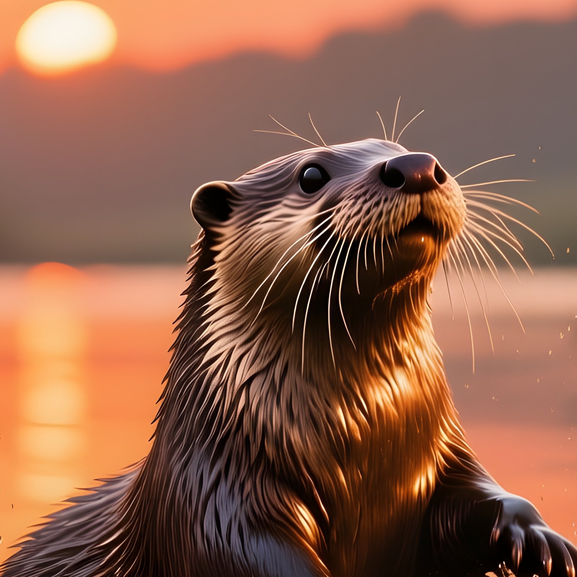 A Bronze Otter Playfully Splashing In A Calm River At Sunset, Orange Hues Reflected On The Water, - Full Resolution Quality Preview