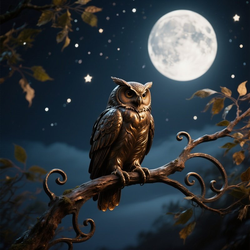 A Bronze Owl Perched On A Twisted Iron Branch Against A Full Moon Night Sky, Stars Twinkling And