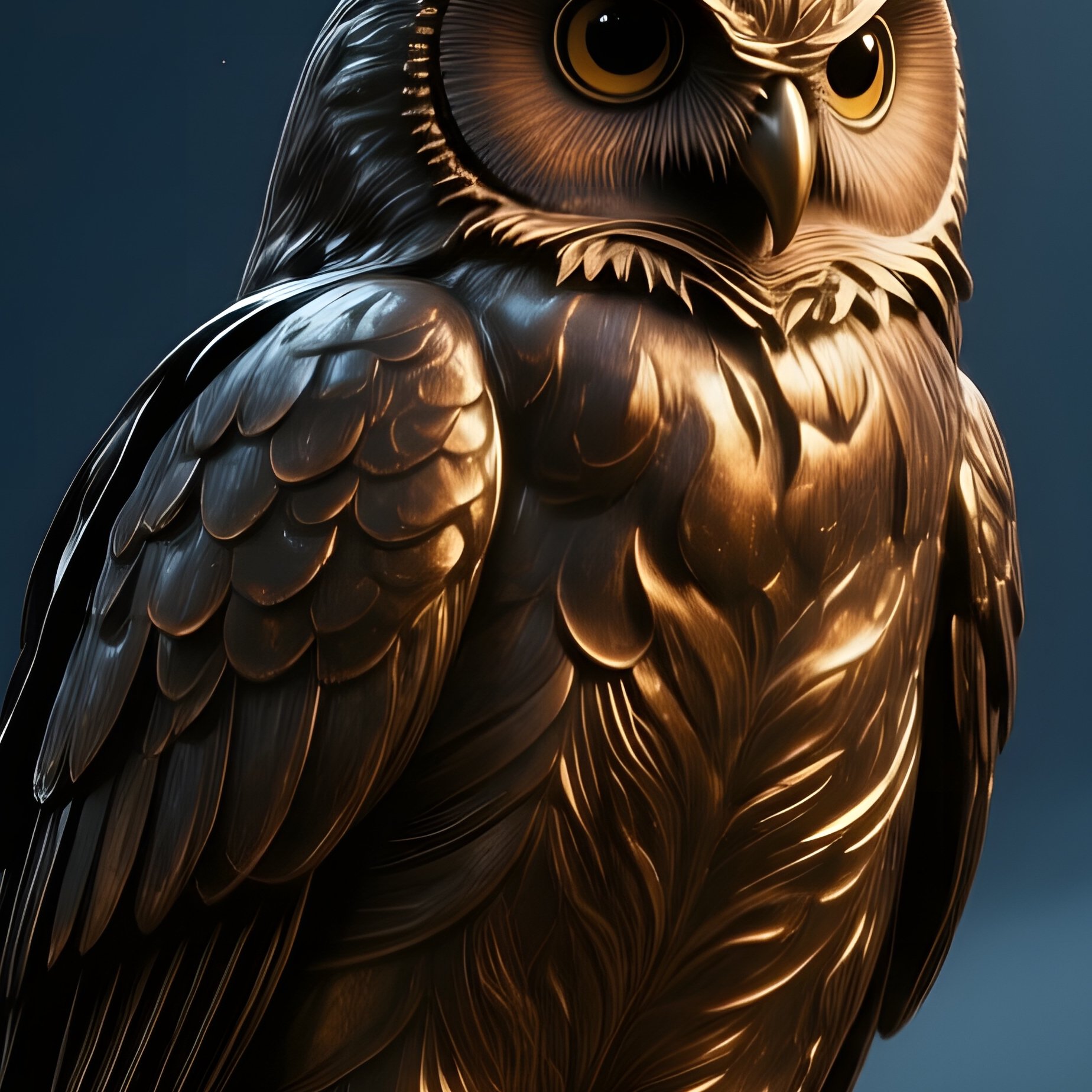 A Bronze Owl Perched On A Twisted Iron Branch Against A Full Moon Night Sky, Stars Twinkling And - Full Resolution Quality Preview