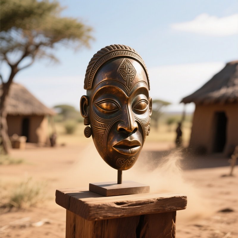 A Bronze Rendition Of A Traditional African Mask Displayed On A Wooden Pedestal In A Sun‑Drenched