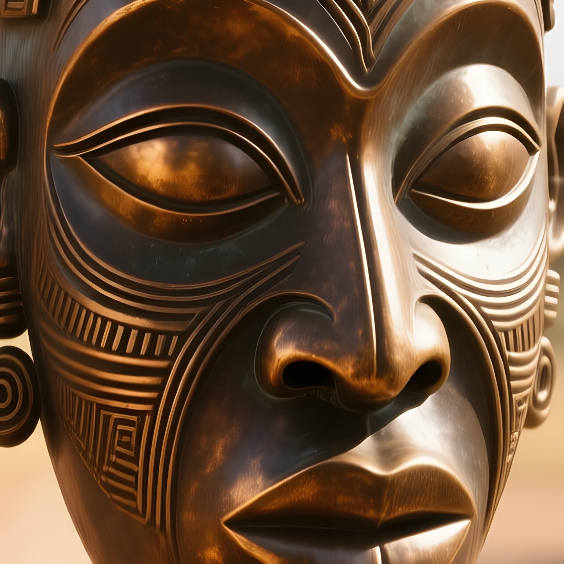 A Bronze Rendition Of A Traditional African Mask Displayed On A Wooden Pedestal In A Sun‑Drenched - Full Resolution Quality Preview