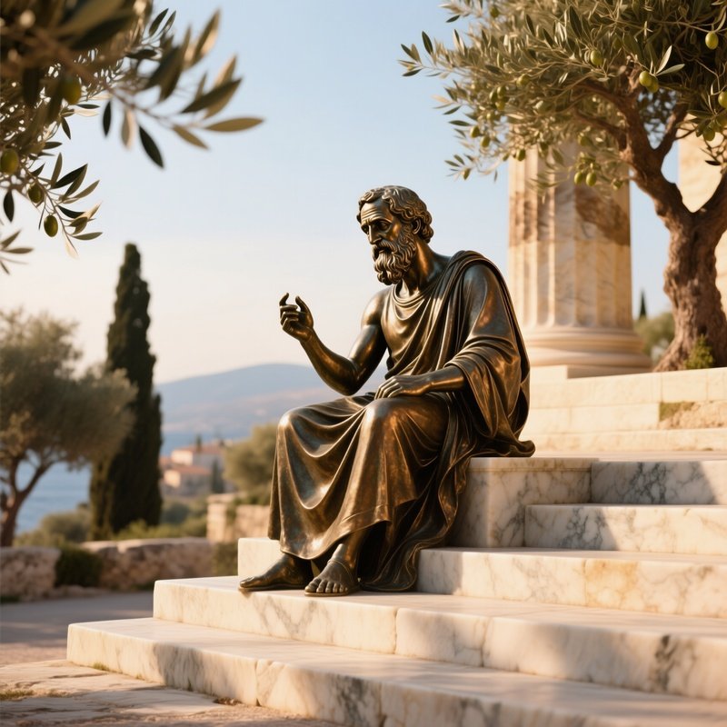 A Bronze Rendition Of An Ancient Greek Philosopher Seated On Marble Steps, Olive Trees Rustling And