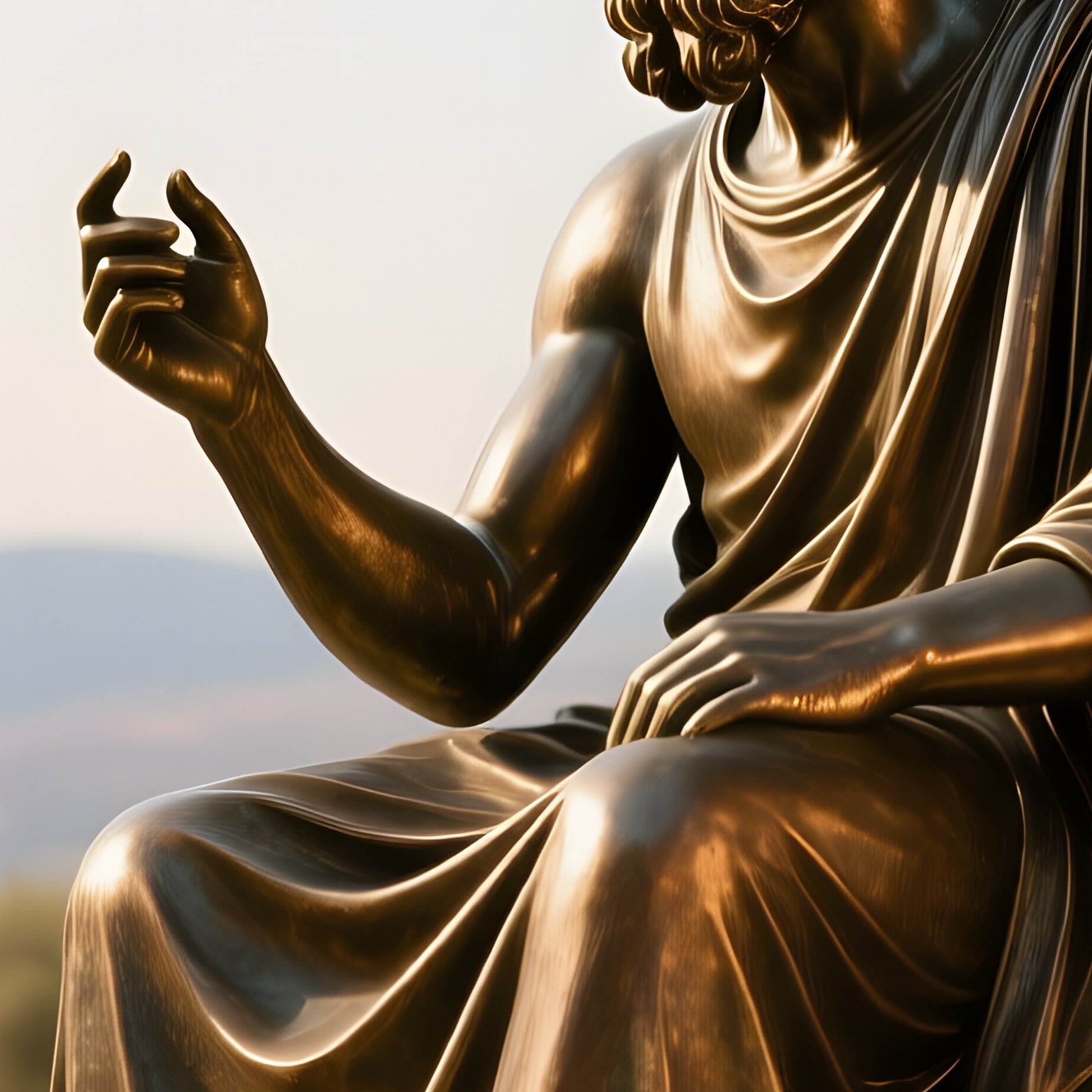 A Bronze Rendition Of An Ancient Greek Philosopher Seated On Marble Steps, Olive Trees Rustling And - Full Resolution Quality Preview