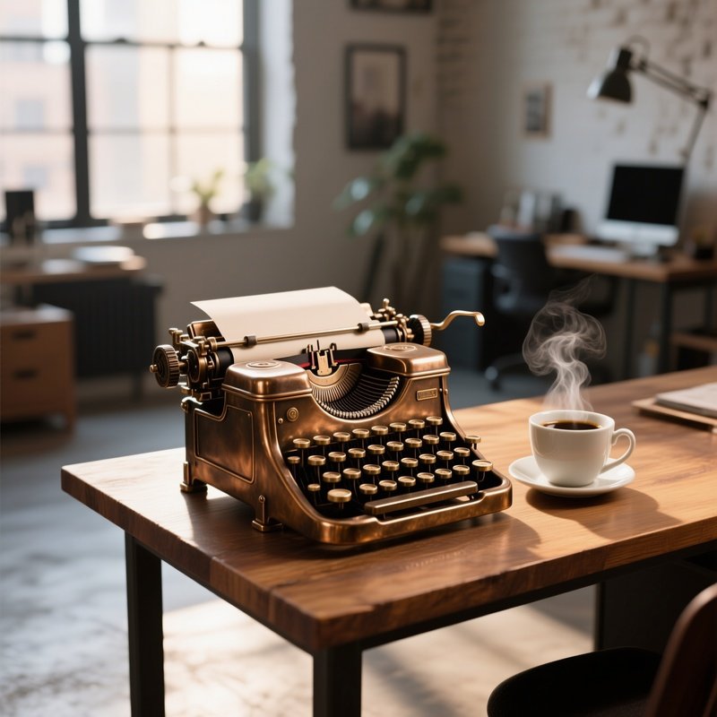 A Bronze Replica Of A Vintage Typewriter Perched On A Wooden Desk Beside A Steaming Cup Of Coffee