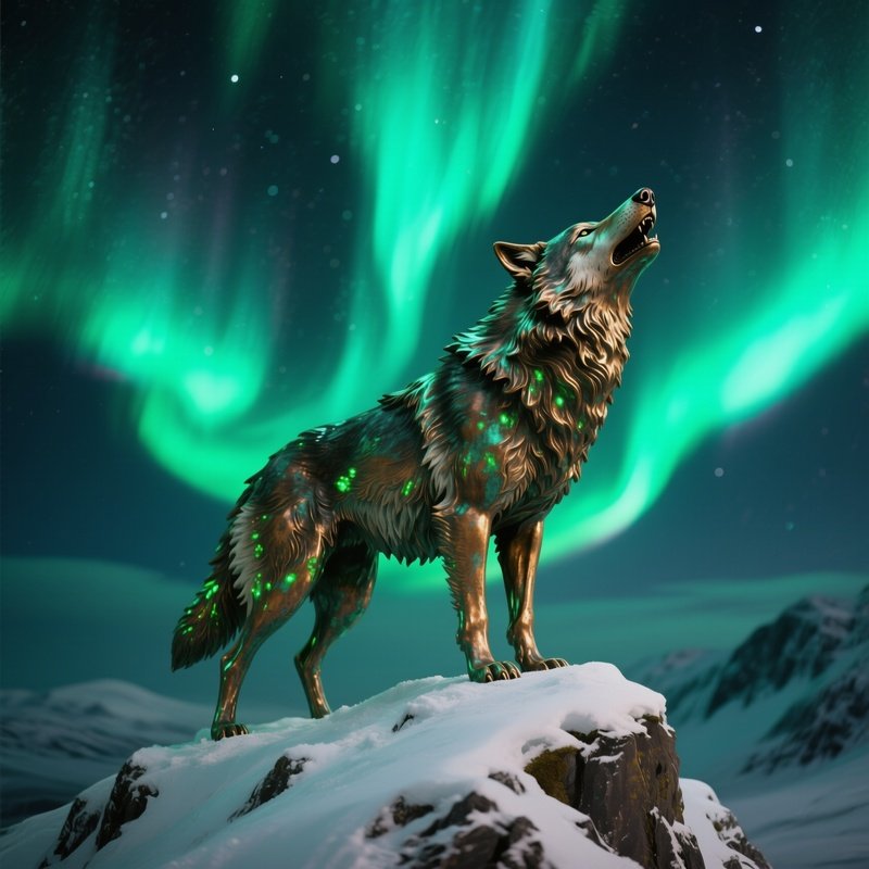 A Bronze Representation Of A Wolf Howling Atop A Snowy Ridge Under The Aurora Borealis, Green