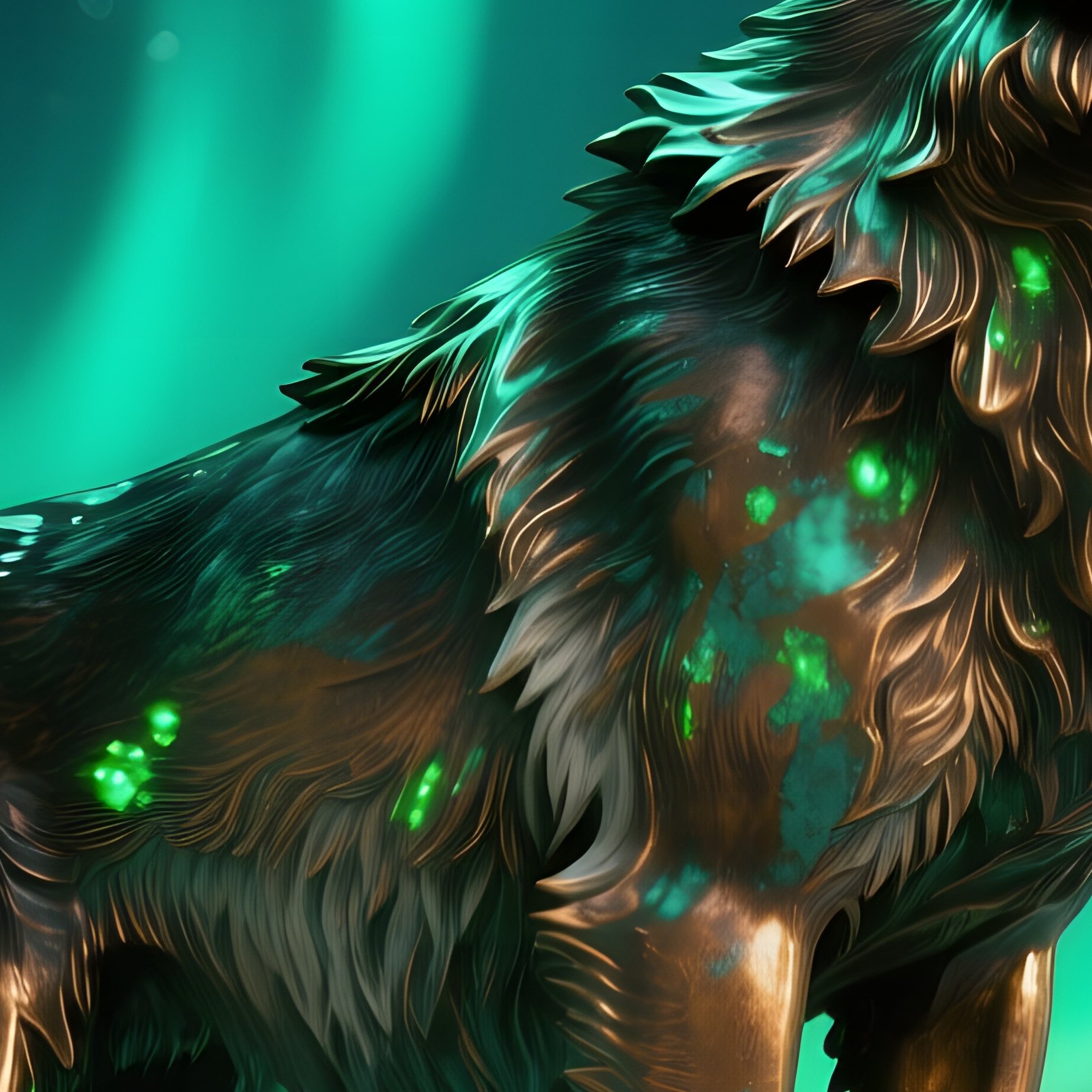 A Bronze Representation Of A Wolf Howling Atop A Snowy Ridge Under The Aurora Borealis, Green - Full Resolution Quality Preview