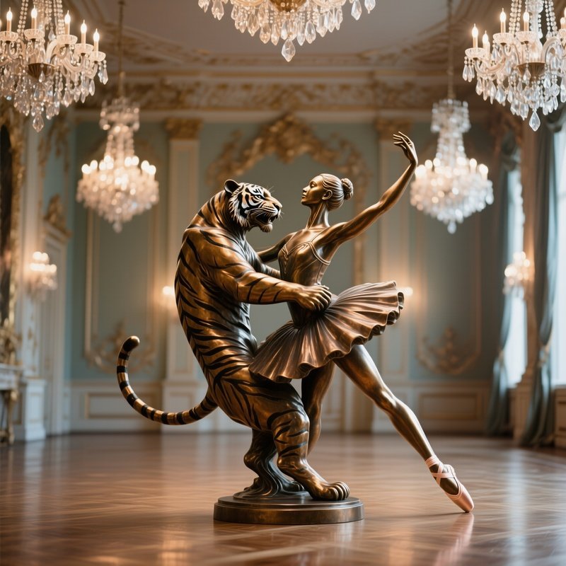 A Bronze Sculpture Of A Ballerina And A Tiger Intertwined In A Dynamic Pose Within An Opulent