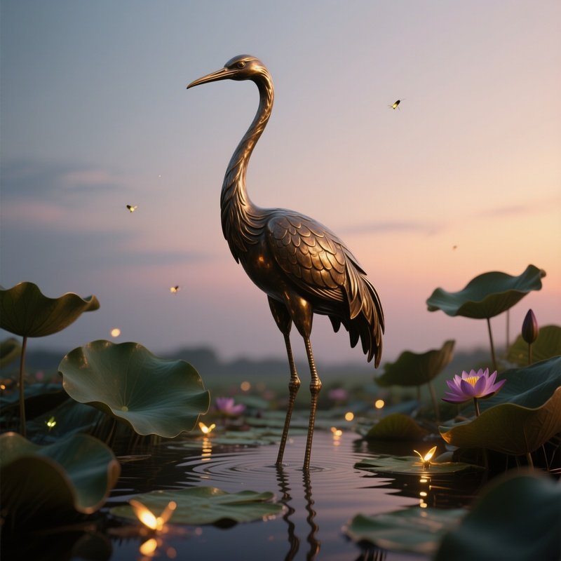 A Bronze Sculpture Of A Graceful Crane Standing In Shallow Water Among Lotus Leaves At Dusk,