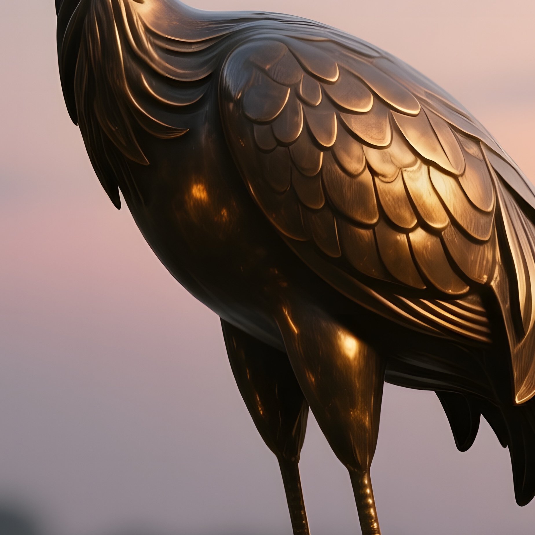 A Bronze Sculpture Of A Graceful Crane Standing In Shallow Water Among Lotus Leaves At Dusk, - Full Resolution Quality Preview