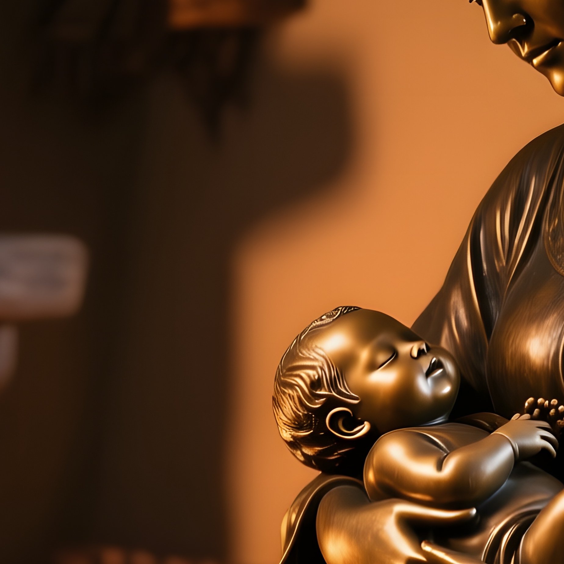 A Bronze Sculpture Of A Mother Cradling A Newborn Baby Inside A Cozy Cottage Illuminated By A - Full Resolution Quality Preview