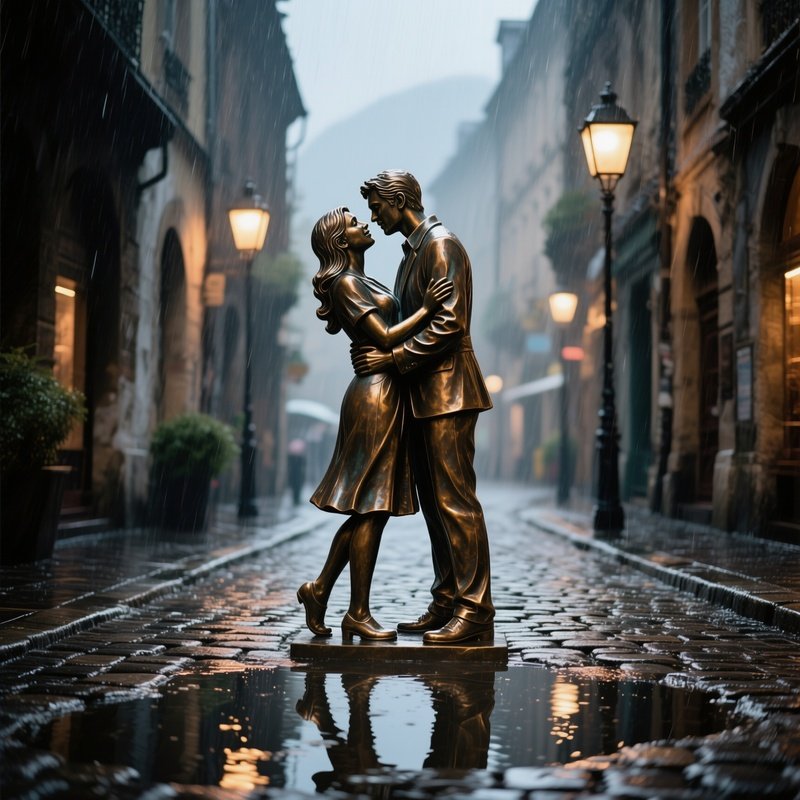 A Bronze Sculpture Of A Pair Of Lovers Embracing Under A Rainstorm In A European Cobblestone Alley,