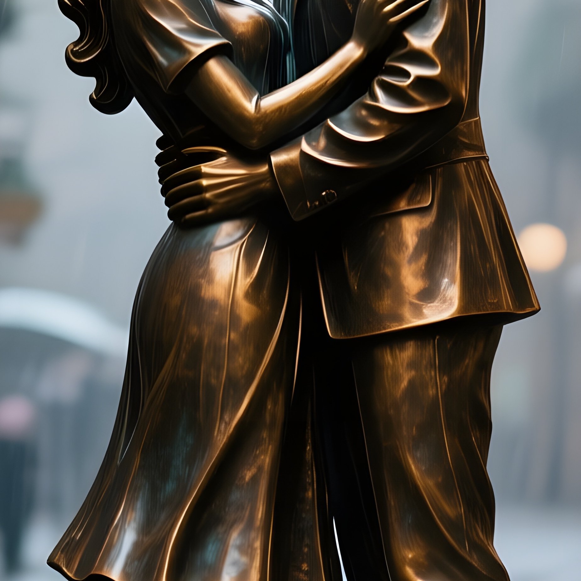A Bronze Sculpture Of A Pair Of Lovers Embracing Under A Rainstorm In A European Cobblestone Alley, - Full Resolution Quality Preview