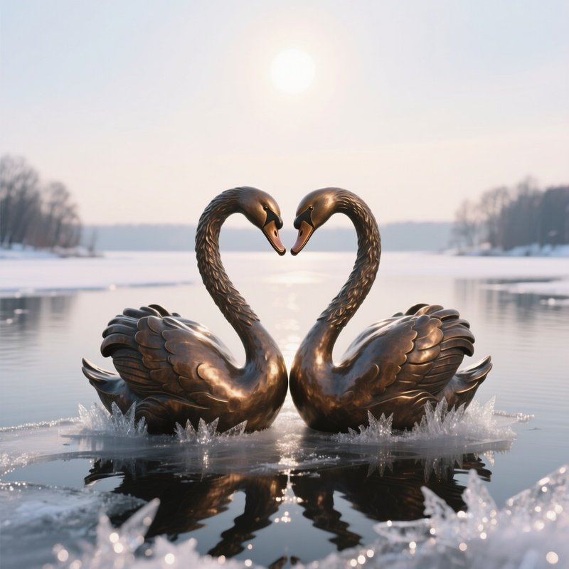 A Bronze Sculpture Of A Pair Of Swans Forming A Heart Shape On A Frozen Lake Under A Pale Winter