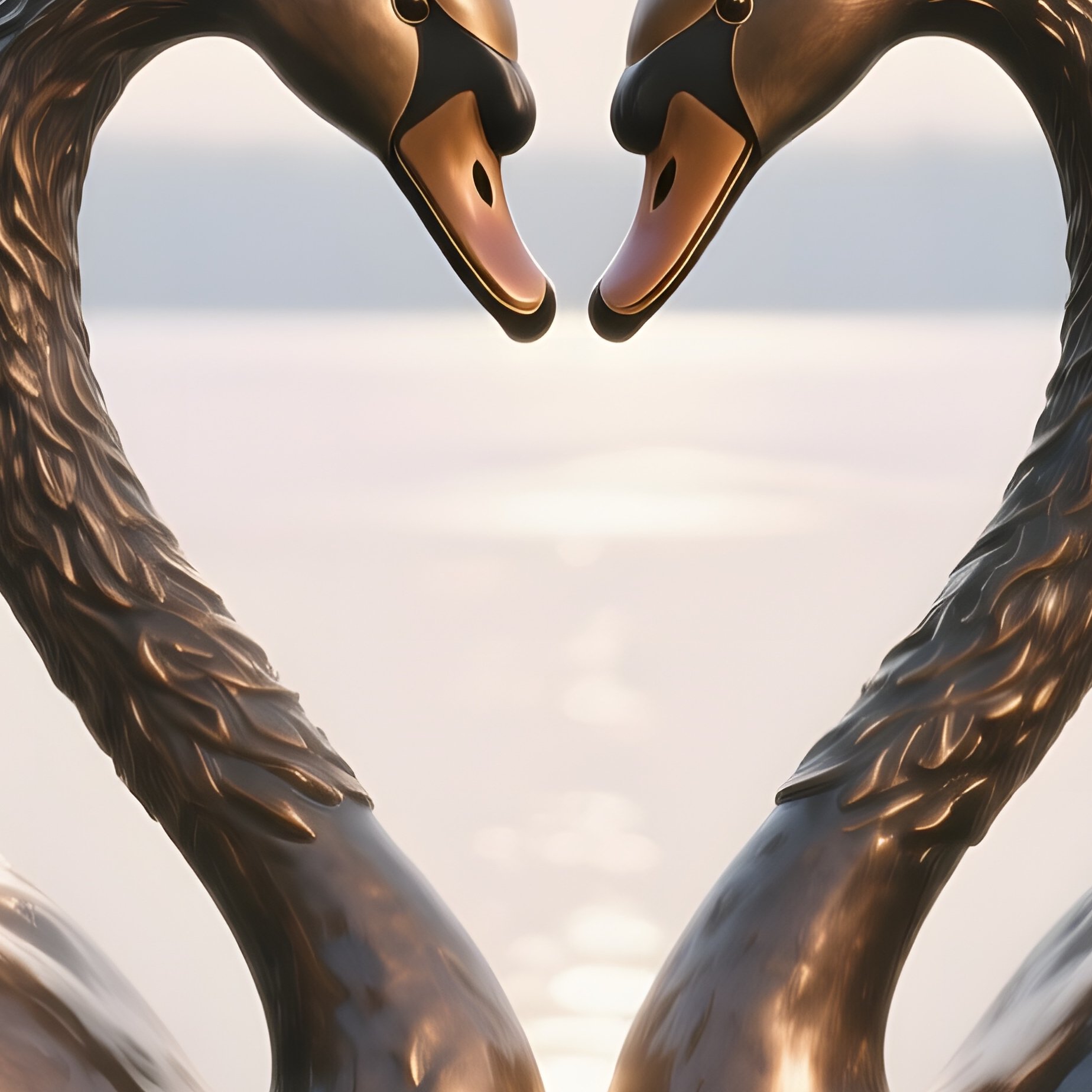 A Bronze Sculpture Of A Pair Of Swans Forming A Heart Shape On A Frozen Lake Under A Pale Winter - Full Resolution Quality Preview
