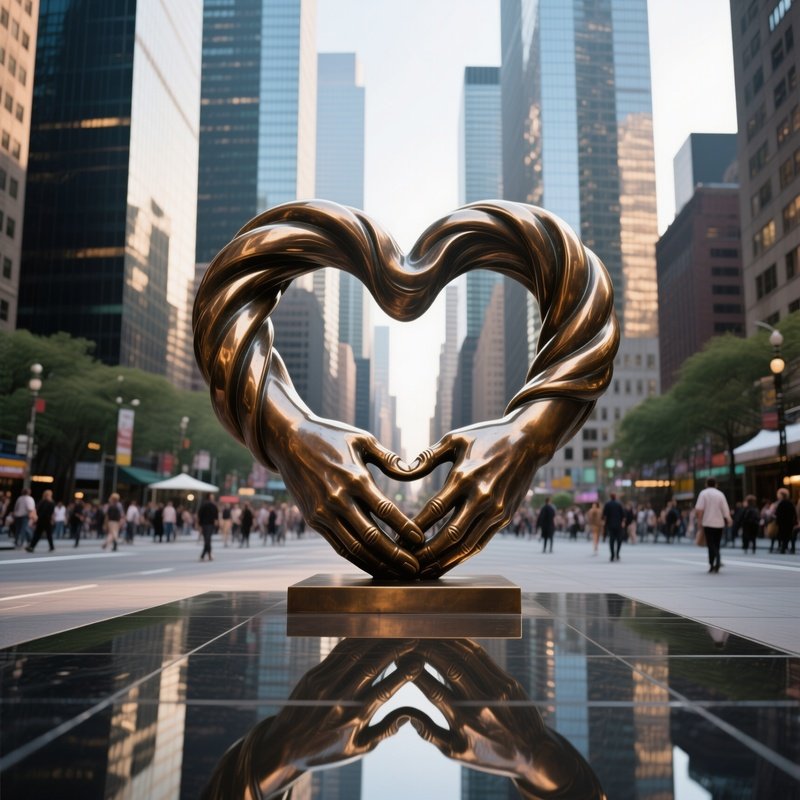 A Bronze Sculpture Of Intertwined Hands Forming A Heart In The Center Of A Bustling City Square,