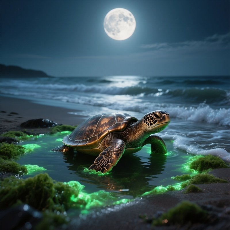 A Bronze Sea Turtle Emerging From A Tide Pool Under A Full Moon, Phosphorescent Algae Glowing