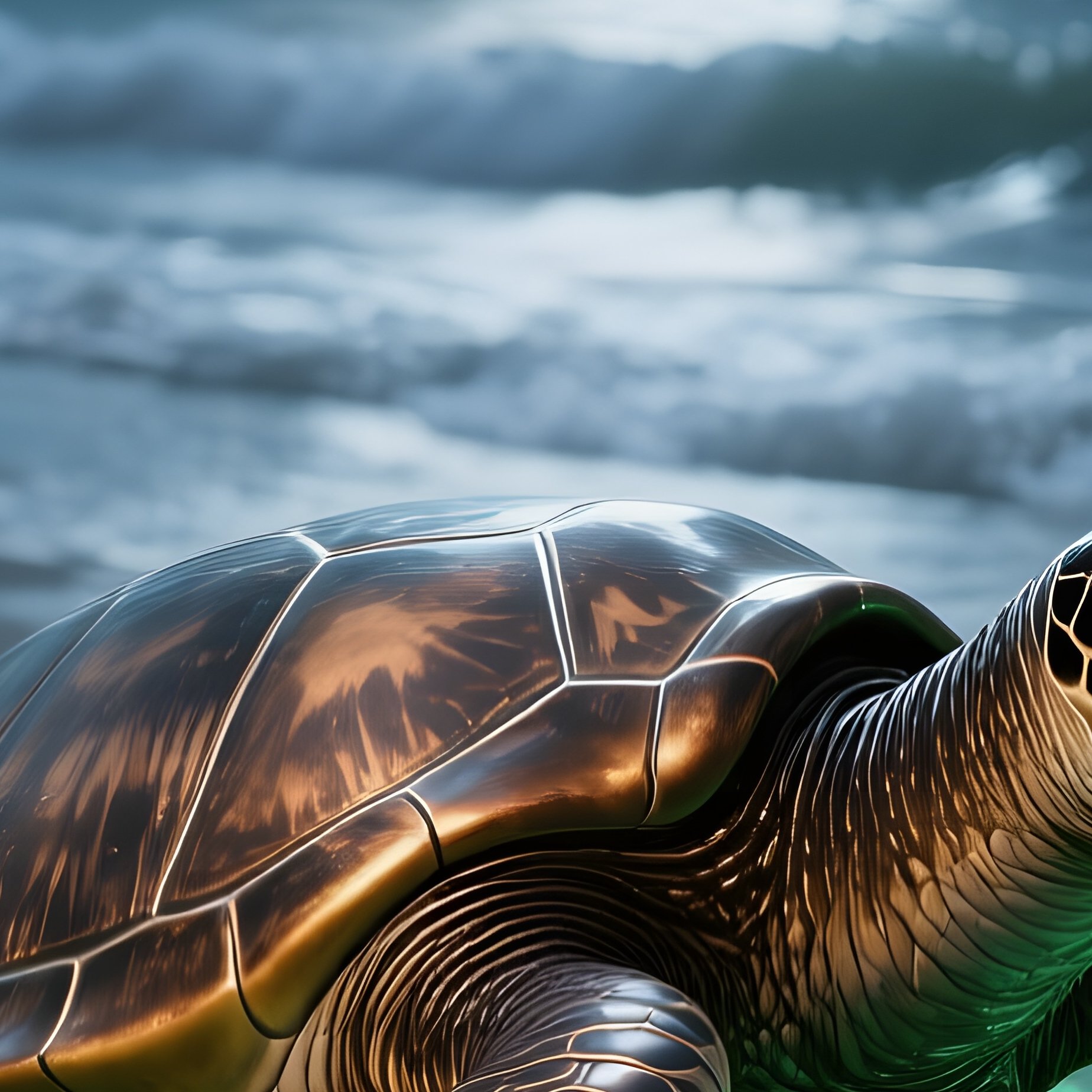 A Bronze Sea Turtle Emerging From A Tide Pool Under A Full Moon, Phosphorescent Algae Glowing - Full Resolution Quality Preview