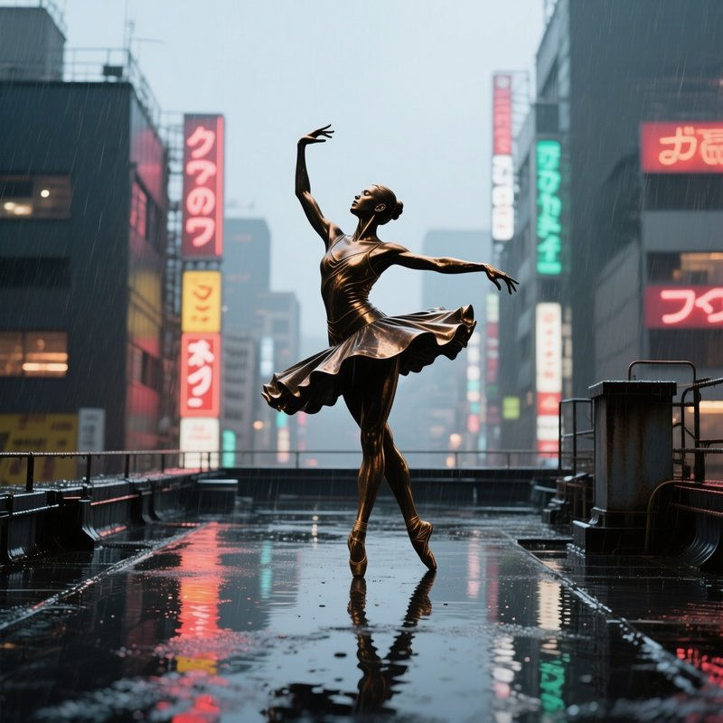 A Bronze Silhouette Of A Dancer Mid‑Pirouette On A Rain‑Slicked Rooftop In Tokyo, Neon Signs
