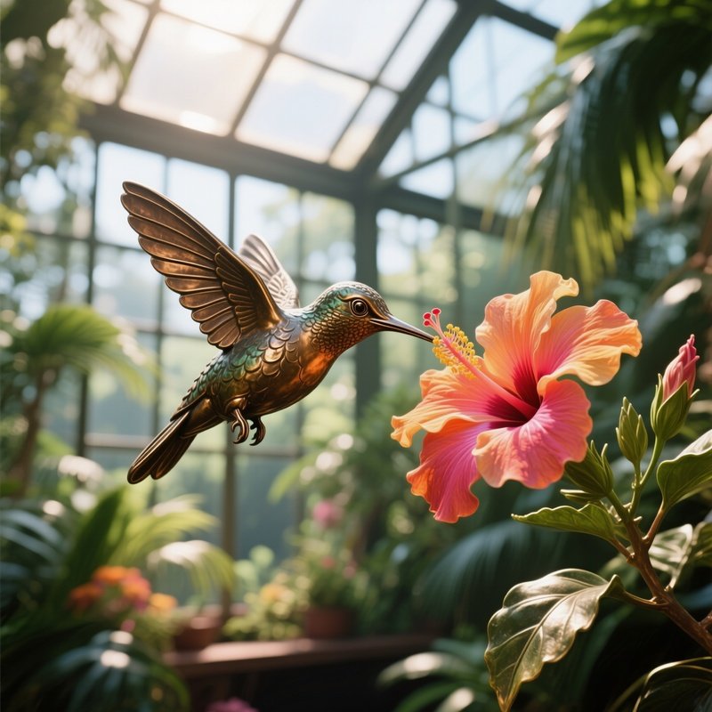 A Bronze Statue Of A Hummingbird Feeding From A Vibrant Hibiscus Flower In A Tropical Greenhouse,