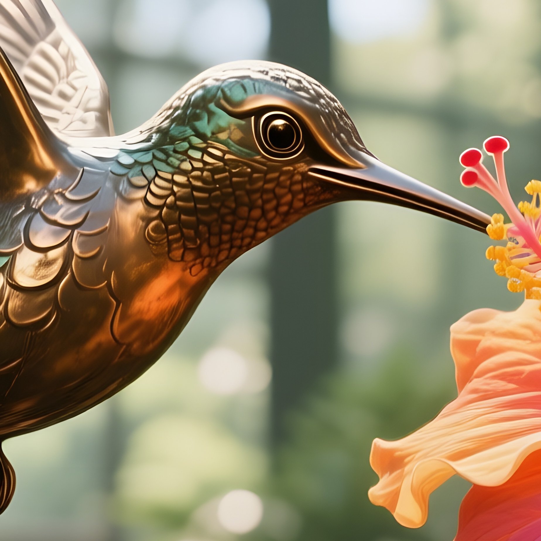A Bronze Statue Of A Hummingbird Feeding From A Vibrant Hibiscus Flower In A Tropical Greenhouse, - Full Resolution Quality Preview