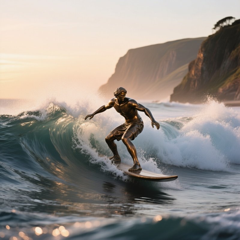 A Bronze Statue Of A Surfer Catching A Massive Wave At Sunrise, Sea Spray Illuminated By Early