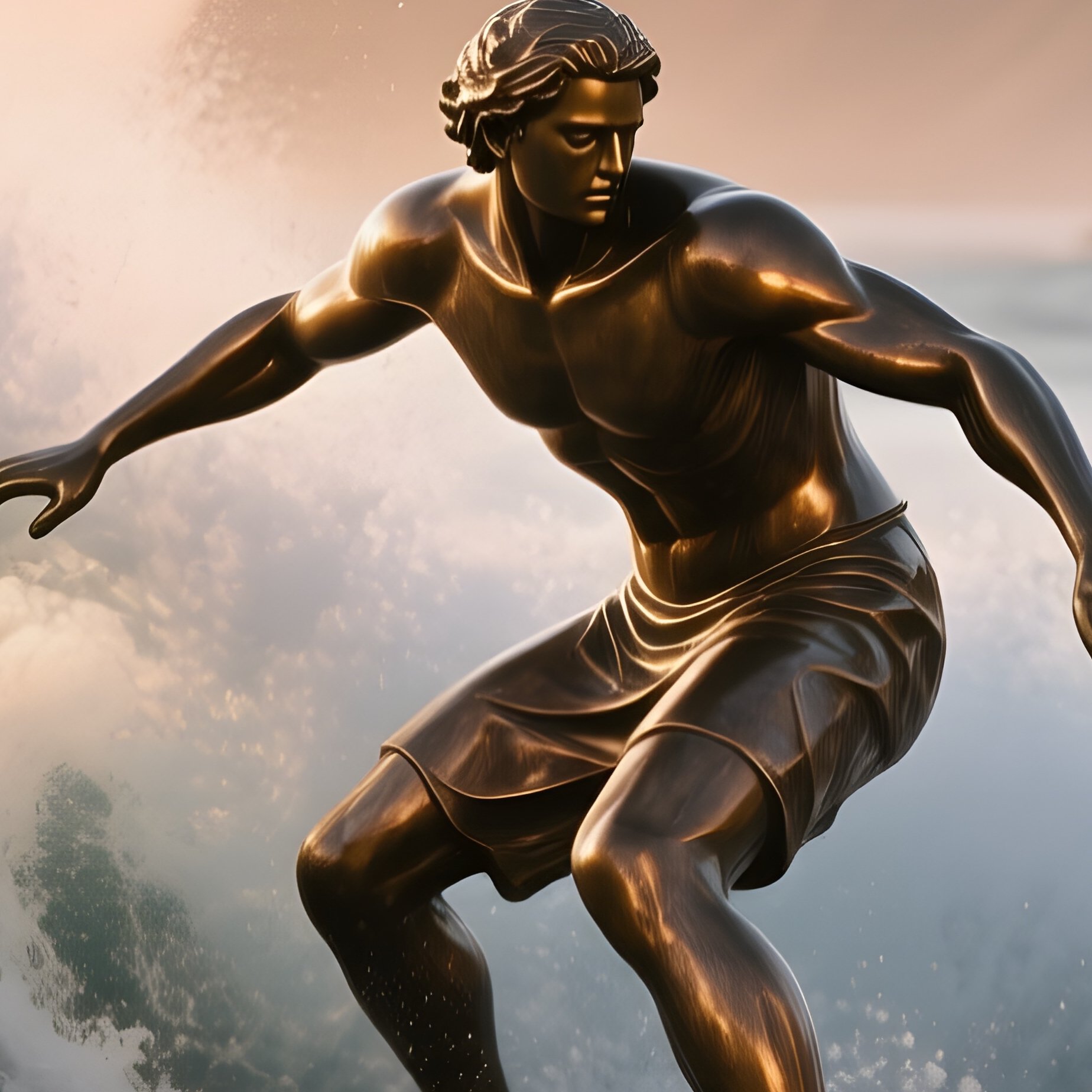 A Bronze Statue Of A Surfer Catching A Massive Wave At Sunrise, Sea Spray Illuminated By Early - Full Resolution Quality Preview