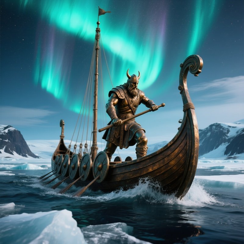 A Bronze Statue Of A Viking Warrior Aboard A Longship Cutting Through Icy Fjord Waters, Aurora