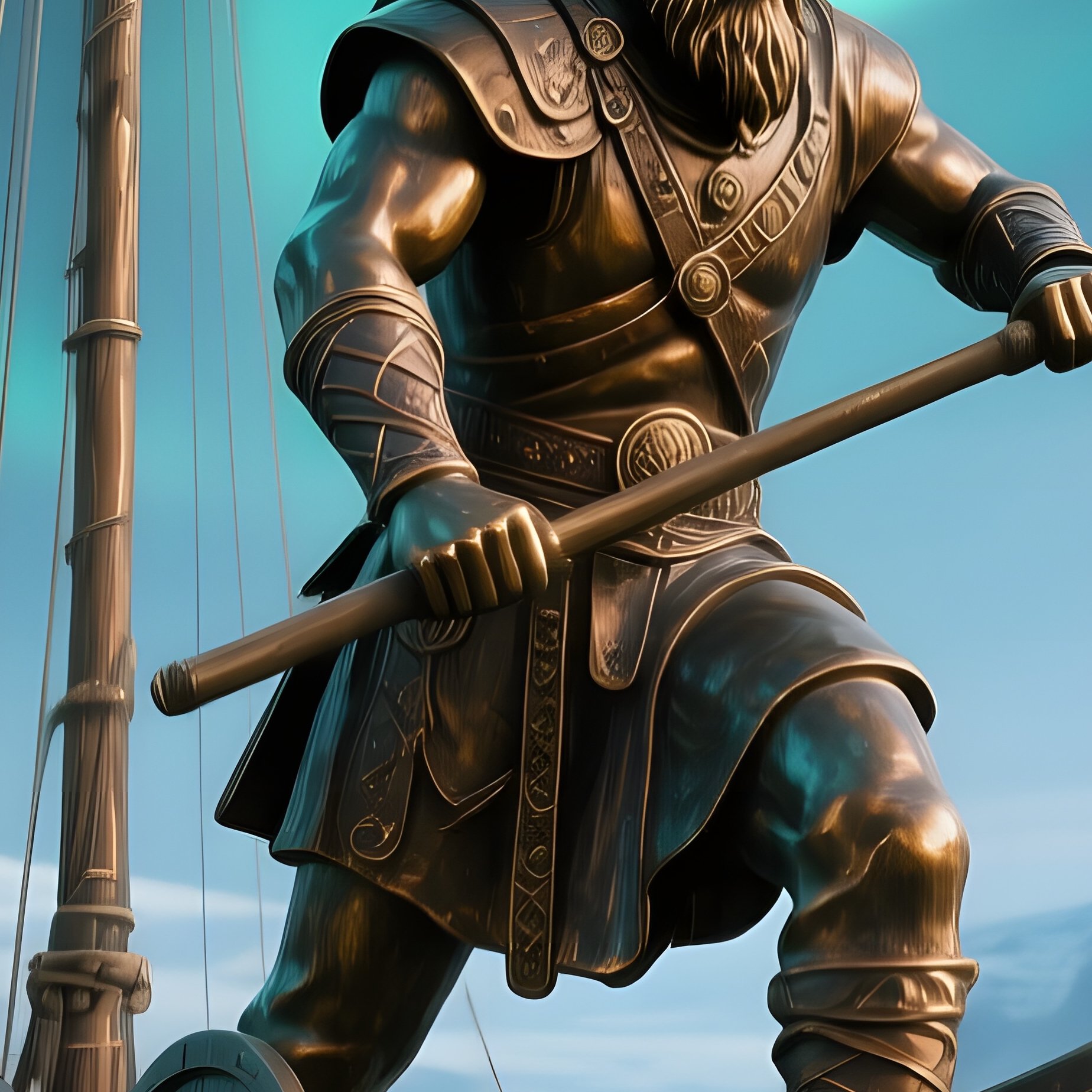 A Bronze Statue Of A Viking Warrior Aboard A Longship Cutting Through Icy Fjord Waters, Aurora - Full Resolution Quality Preview