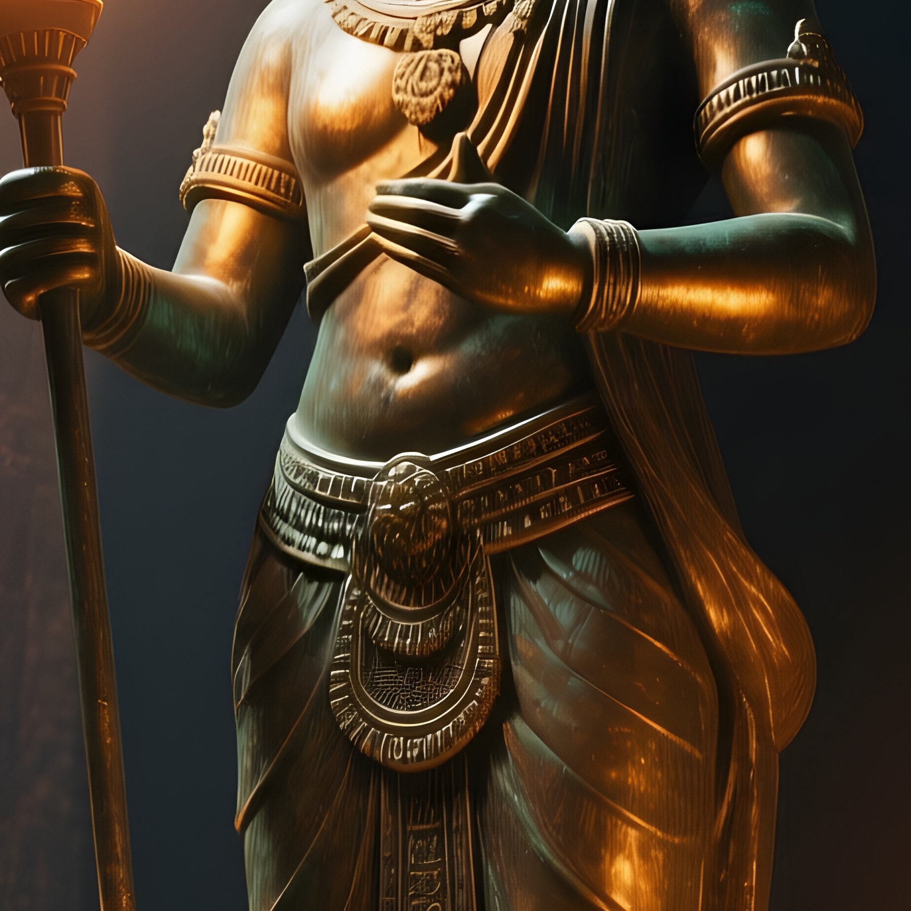 A Bronze Statue Of An Ancient Deity Guarding A Temple Entrance, Torches Flickering And Shadows - Full Resolution Quality Preview