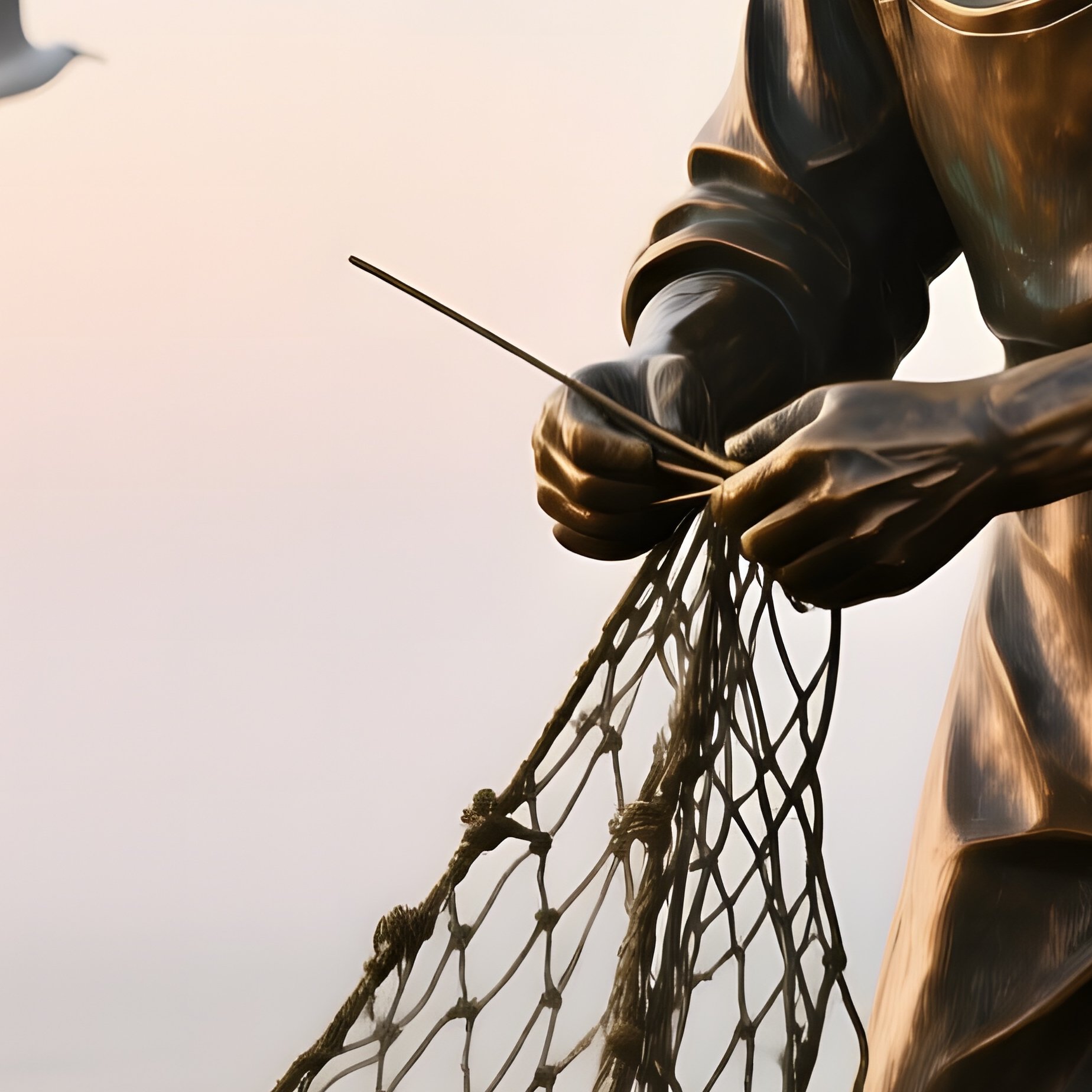 A Bronze Statue Of An Elderly Fisherman Mending Nets On A Quiet Pier At Dawn, Gulls Circling And - Full Resolution Quality Preview