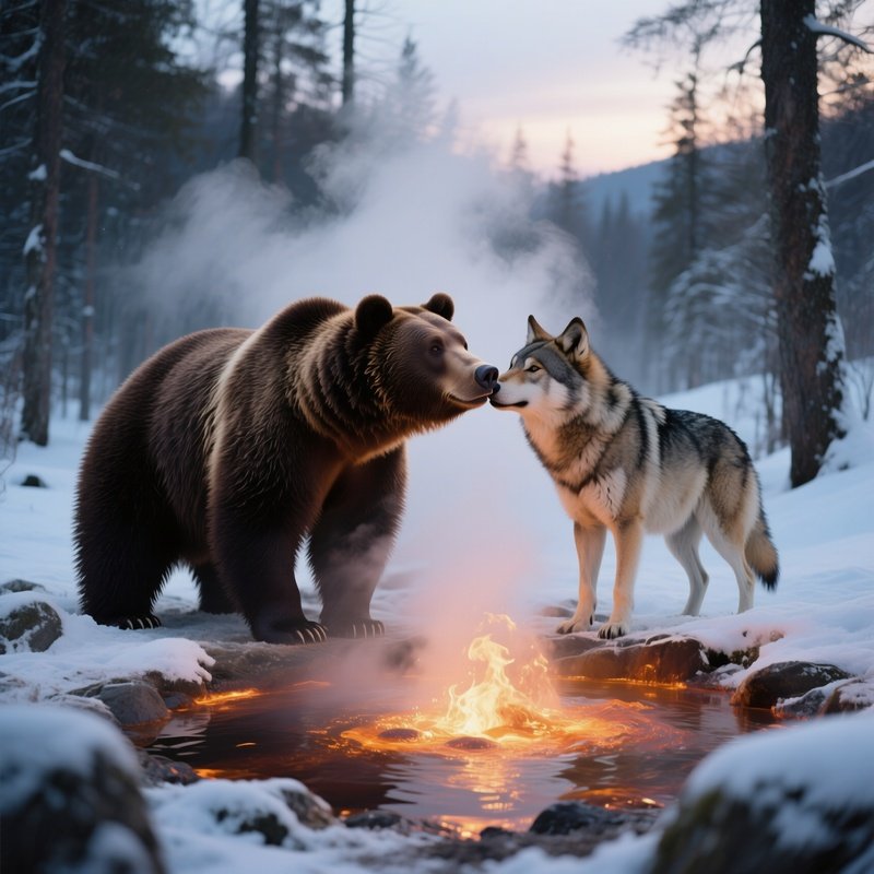 A Brown Bear And A Wolf Share An Affectionate Kiss Beside A Bubbling Hot Spring In A Snowy Forest,