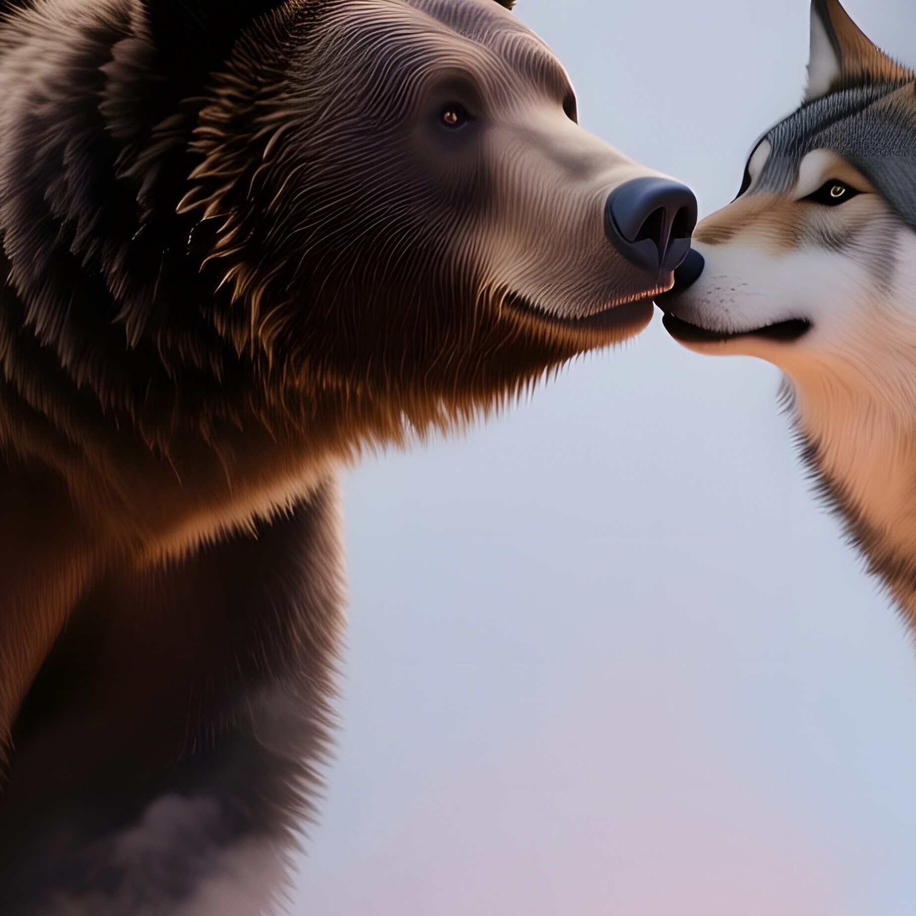 A Brown Bear And A Wolf Share An Affectionate Kiss Beside A Bubbling Hot Spring In A Snowy Forest, - Full Resolution Quality Preview