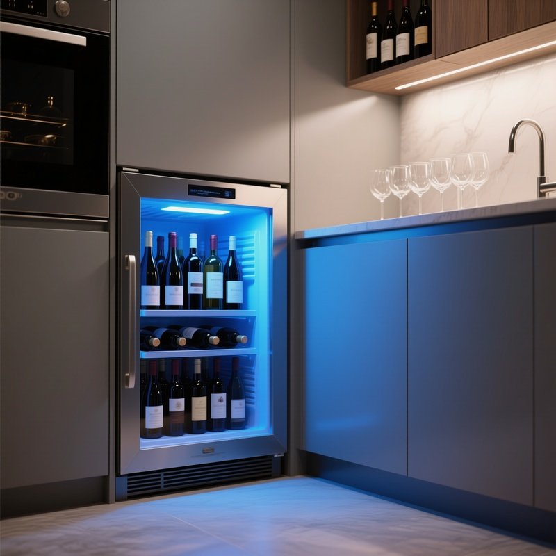 A Built In Under Counter Wine Fridge In A Modern Kitchen, Illuminated With Blue Light And Filled With Bottles, Next To A Cabinet Of Wine Glasses.