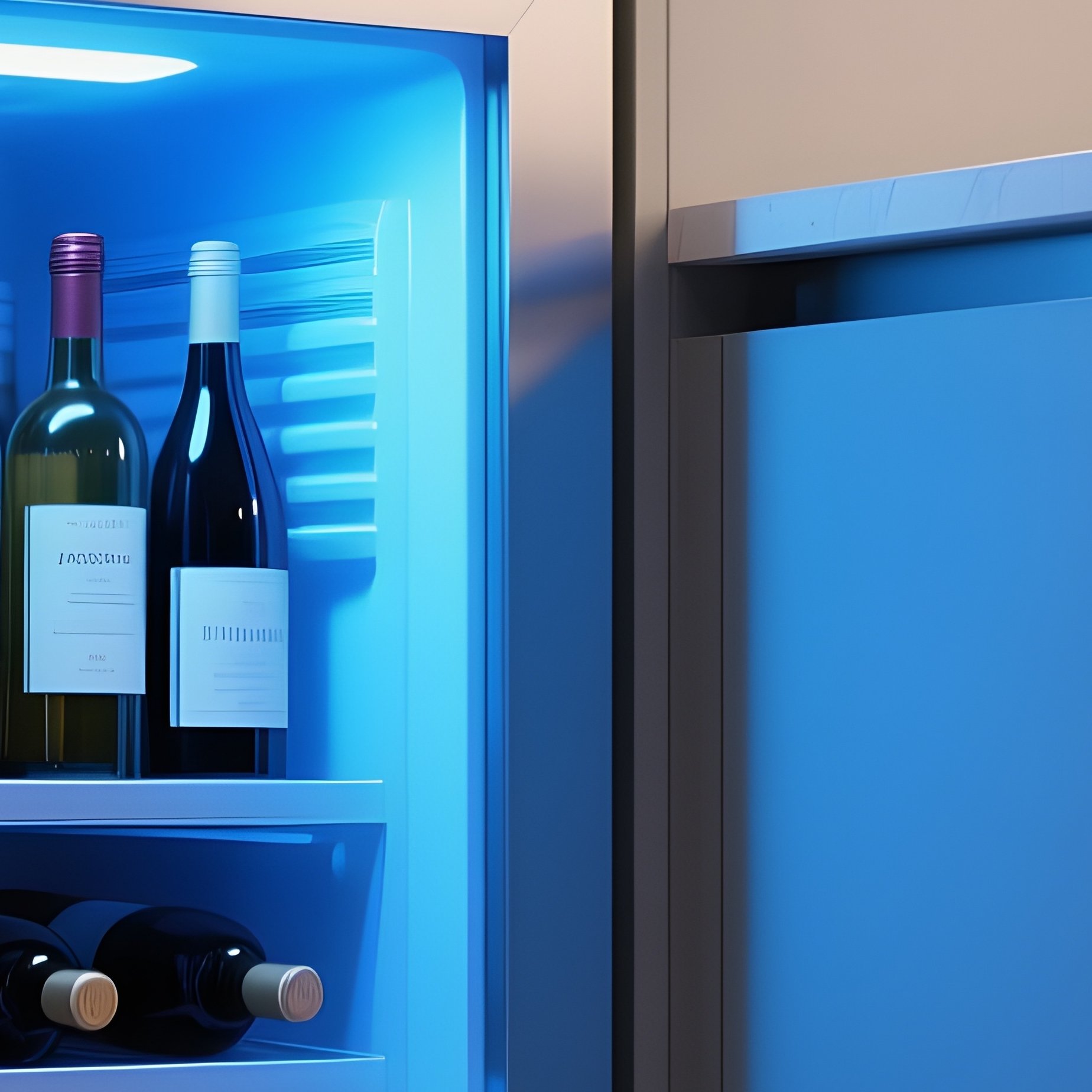 A Built In Under Counter Wine Fridge In A Modern Kitchen, Illuminated With Blue Light And Filled With Bottles, Next To A Cabinet Of Wine Glasses. - Full Resolution Quality Preview