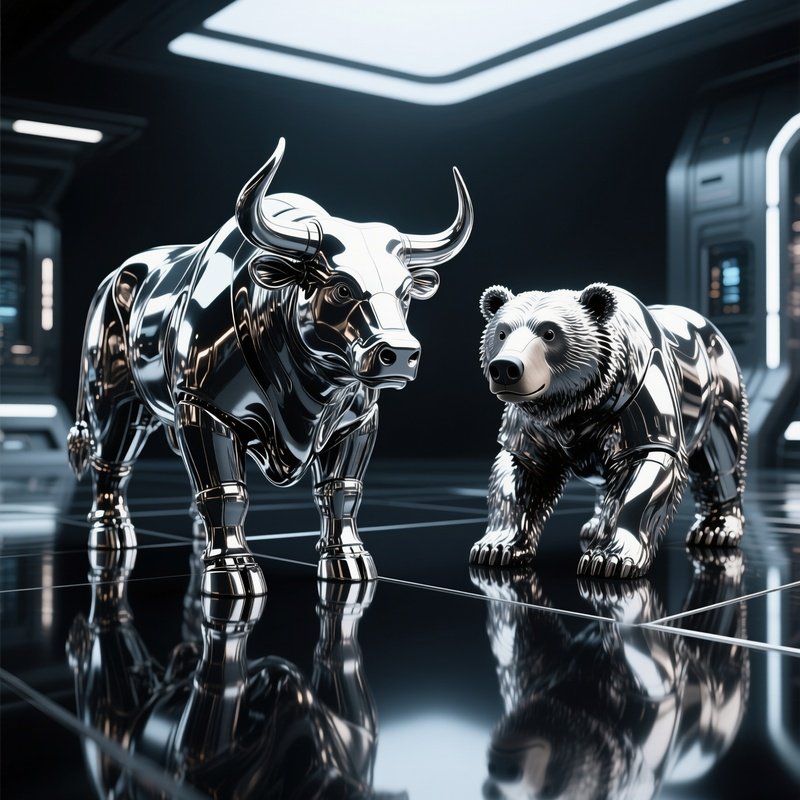 A Bull And Bear Rendered In Chrome Standing On A Reflective Surface Science Fiction