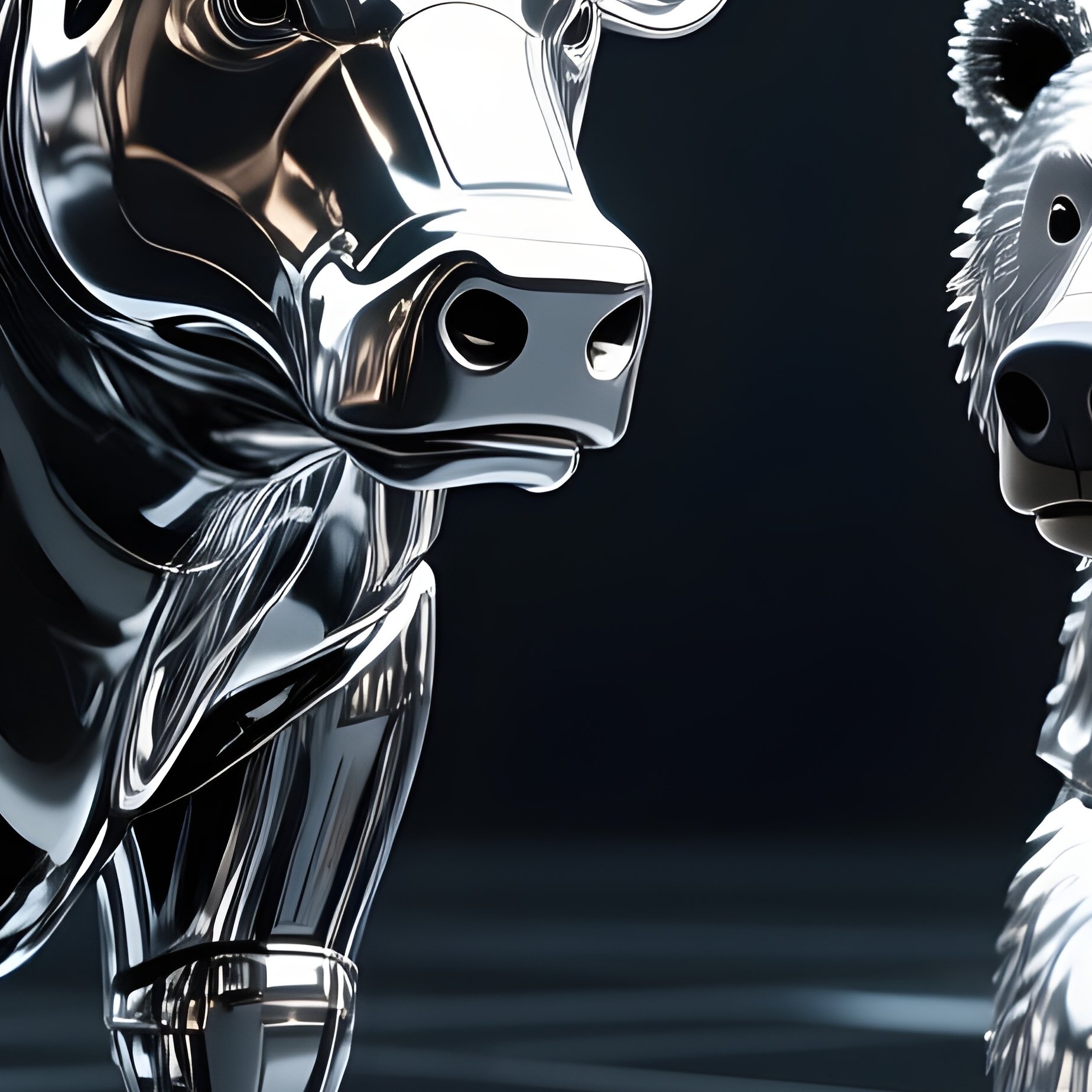 A Bull And Bear Rendered In Chrome Standing On A Reflective Surface Science Fiction - Full Resolution Quality Preview