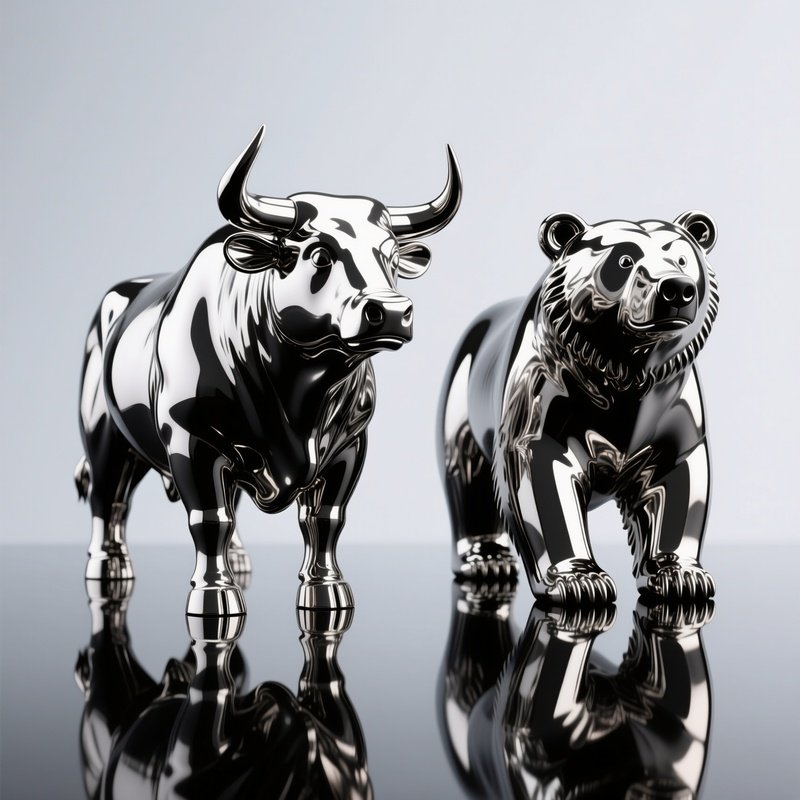 A Bull And Bear Rendered In Chrome Standing On A Reflective Surface