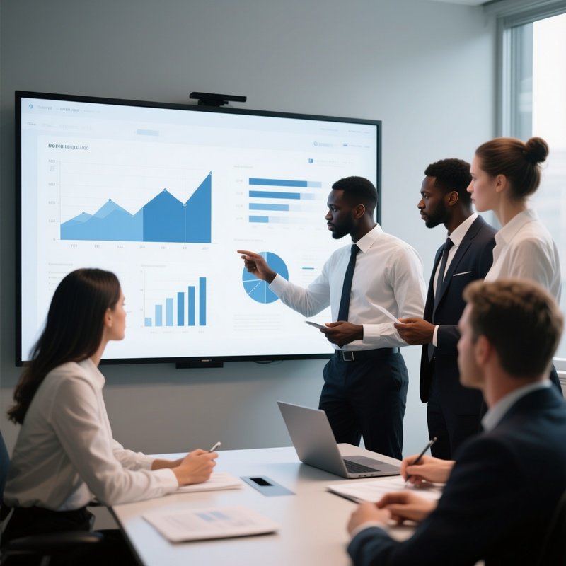 A Business Team Of White And Black Professionals Analyzing Charts On A Large Screen.